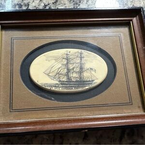 Vintage Stephen Barrow Scrimshaw Whaling scene Polymer Faux oval framed & matted
